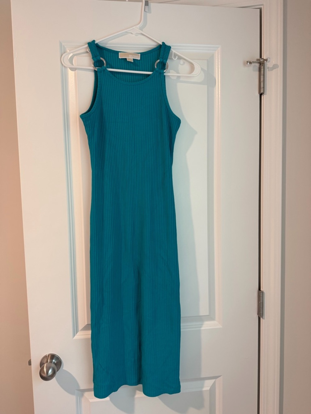 Michael Kors Teal Ribbed Midi Dress with Ring-Strap Details